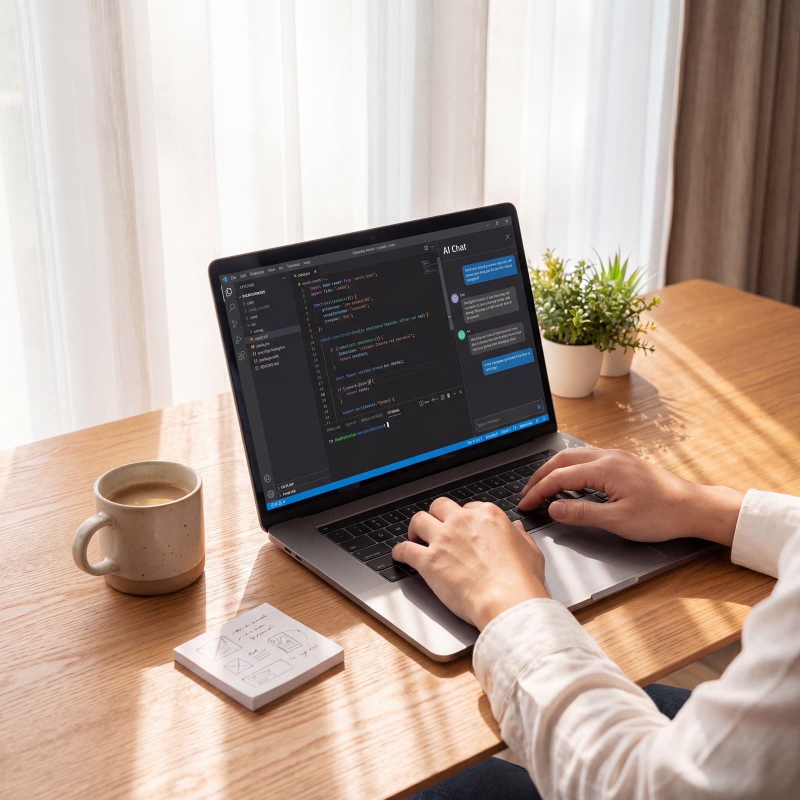 A workspace with an AI coding assistant on screen